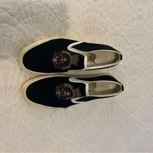 Gucci | Shoes | Gucci Navy Canvas Loafers With Embroidery  display picture 1